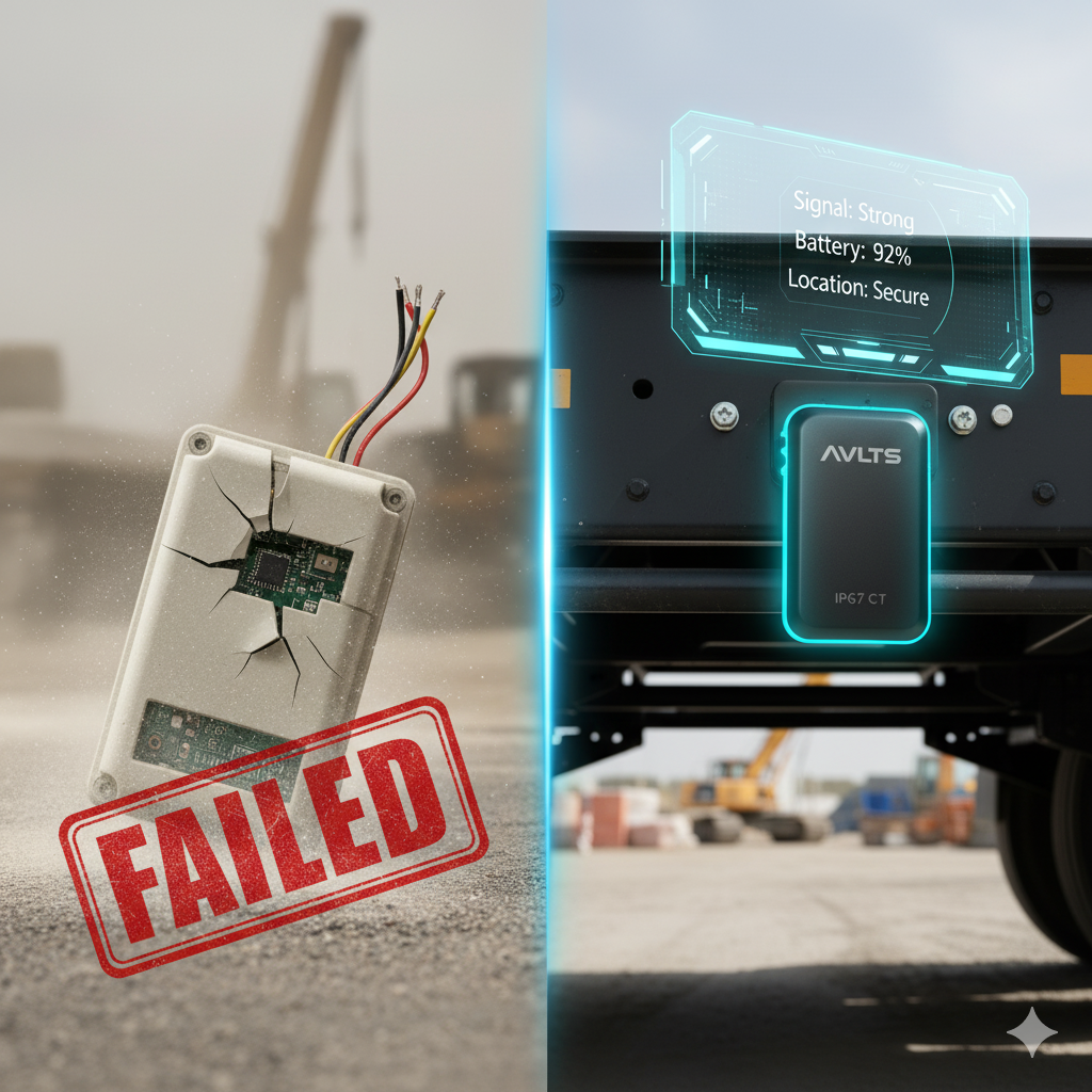 Comparison: broken standard GPS vs professional IP67 tracker for heavy machinery