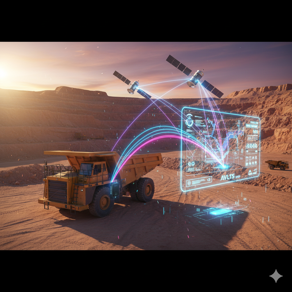 Dump trailer in remote desert mine with satellite signals connecting to AVLTS platform