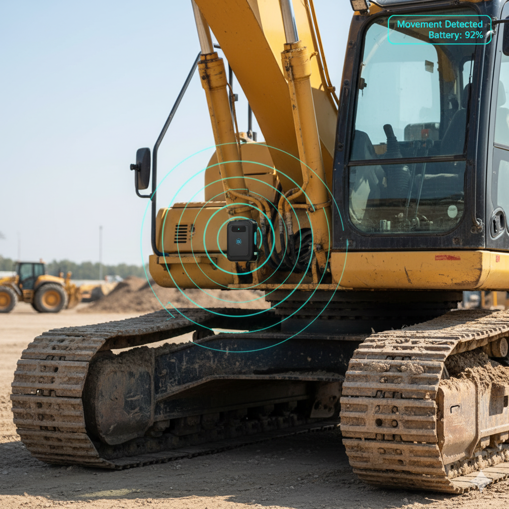 IP67-certified GPS tracker mounted on excavator in muddy construction site