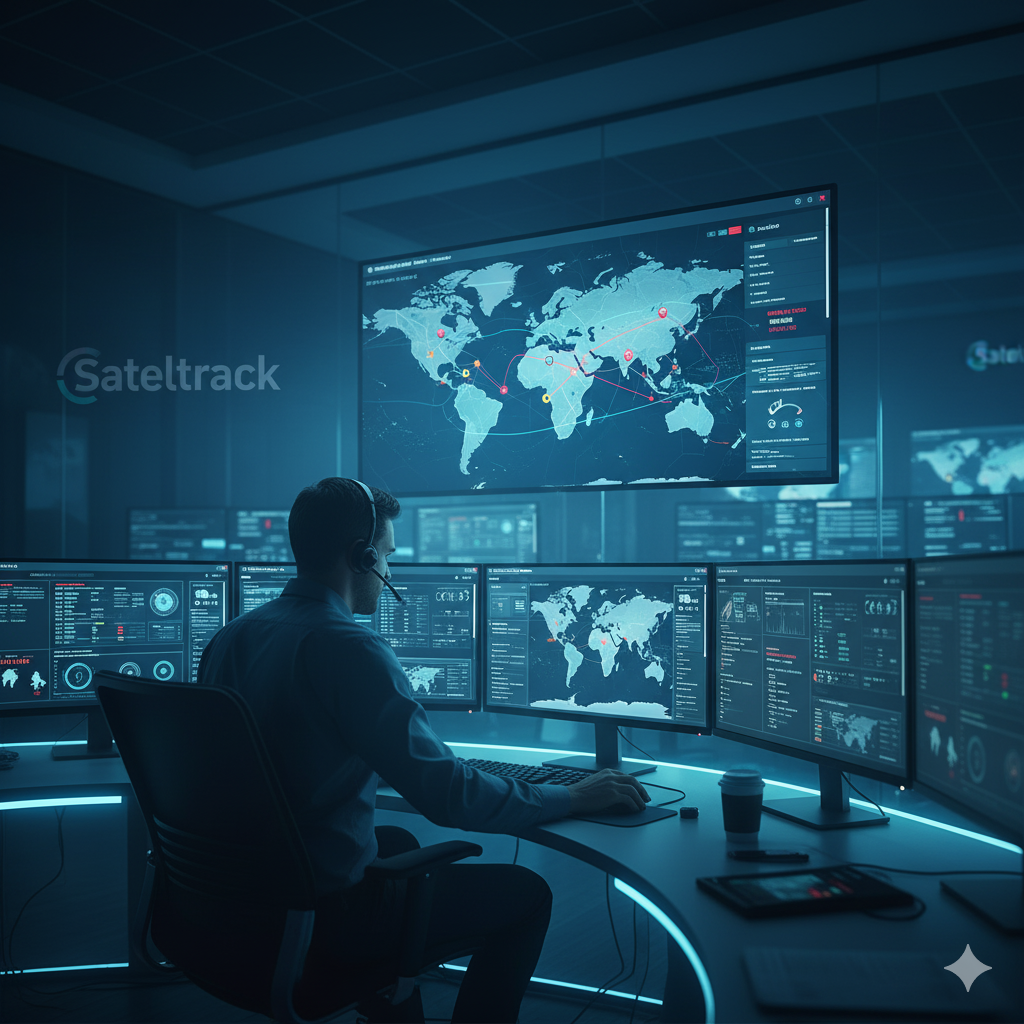24/7 fleet monitoring center at night with multiple screens showing live AVLTS platform maps, geofences, and real-time alerts, operated by a human analyst wearing a headset.