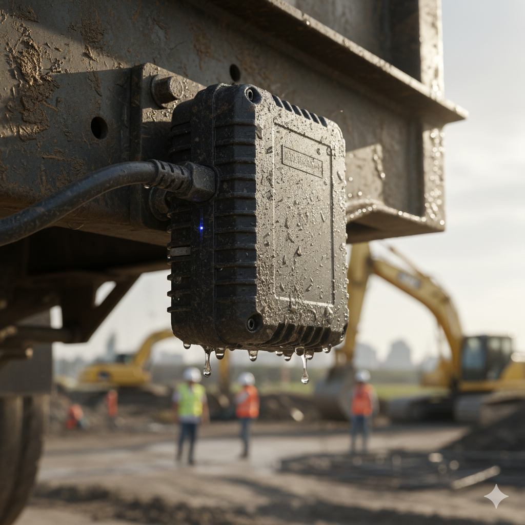 IP67-certified GPS tracker mounted under a construction trailer chassis, covered in mud and water droplets, showing extreme durability in harsh working conditions.